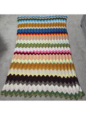 Vintage Handmade Colorful Rainbow Chevron Blanket Afghan 90"X54"